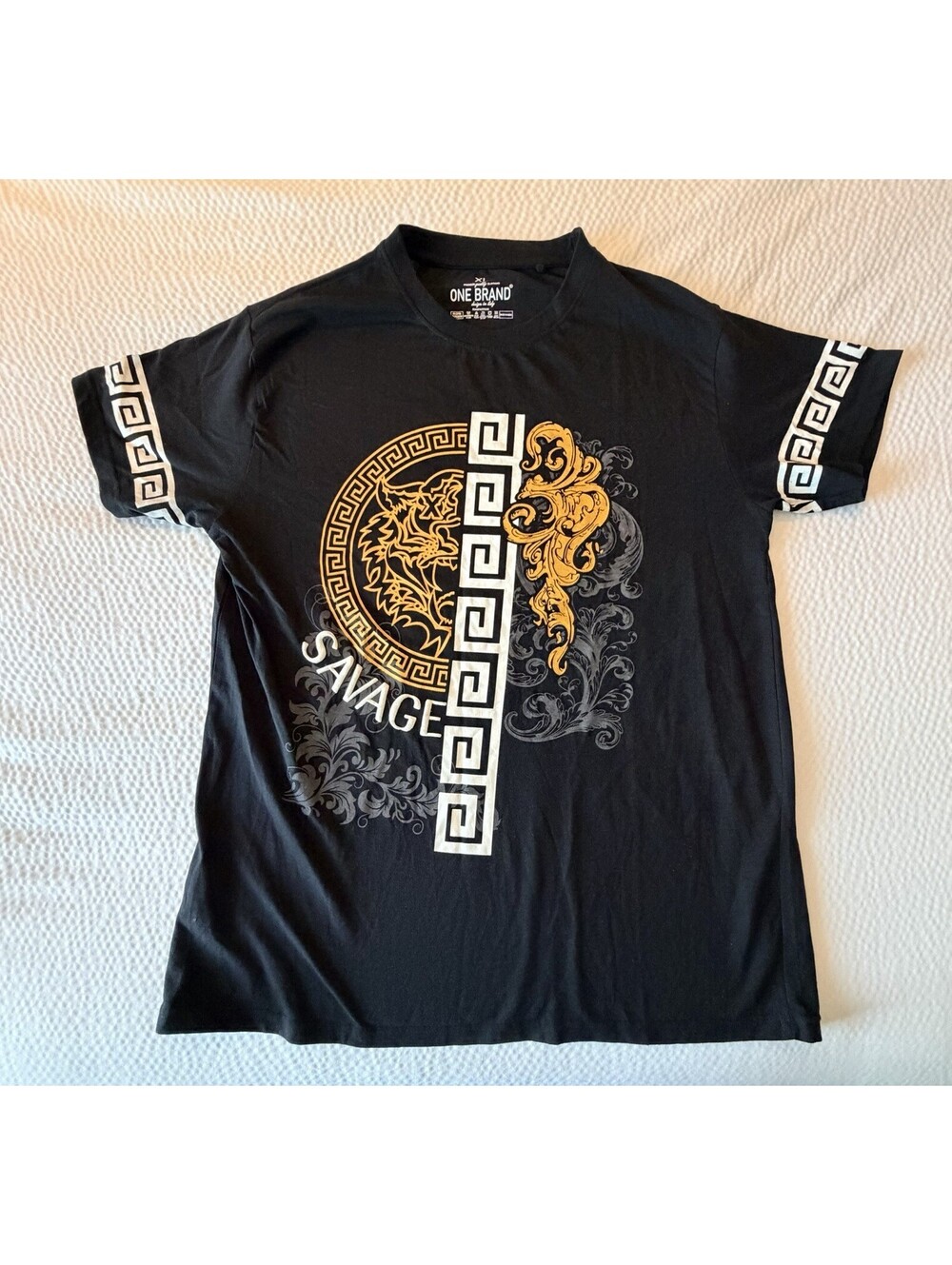 One Brand Savage Graphic T-Shirt Men’s XL Black Greek Key Medusa Style Tee
